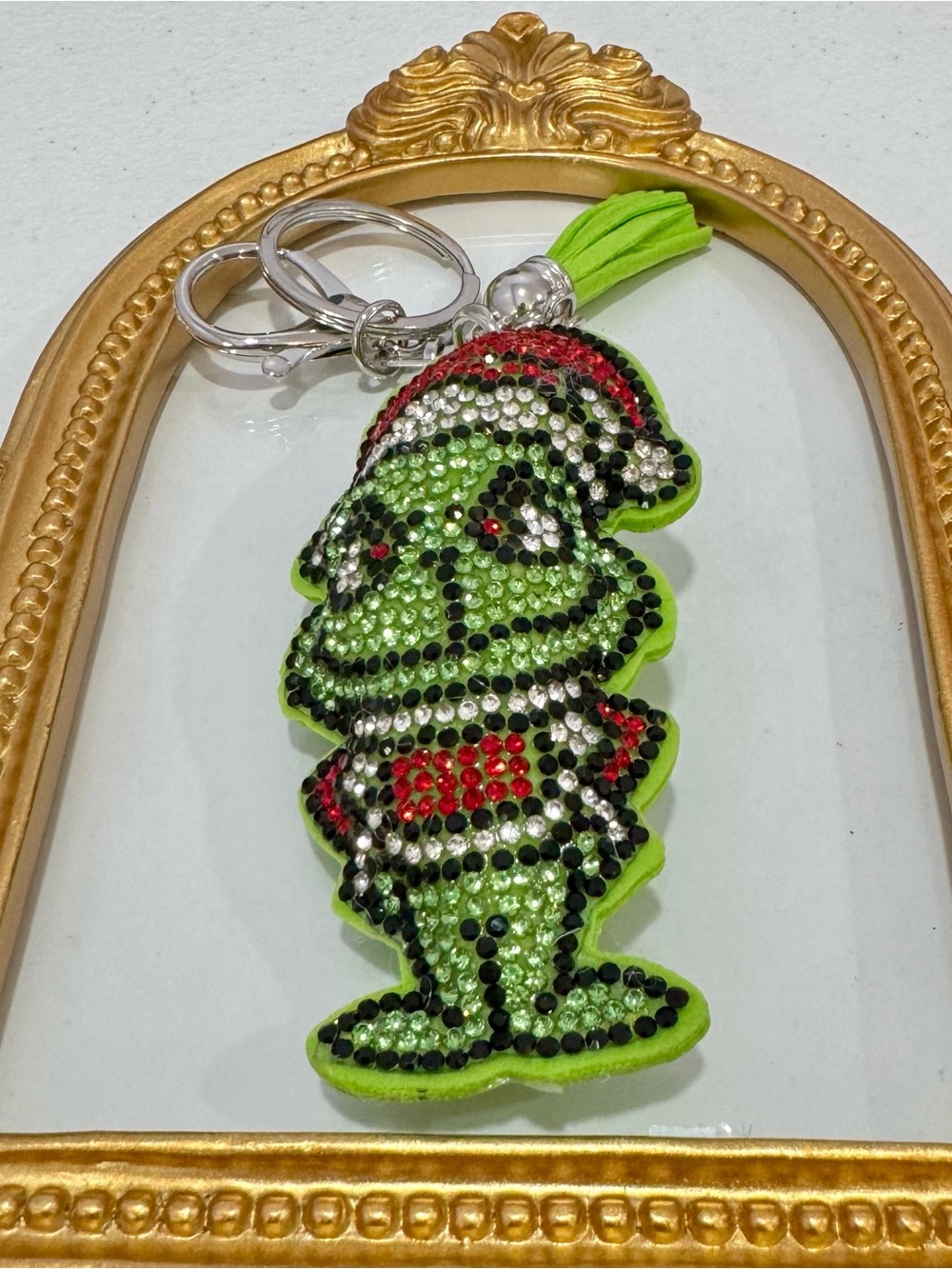 New Crystal Christmas Grinch Keychain in Bright Green with Tassel